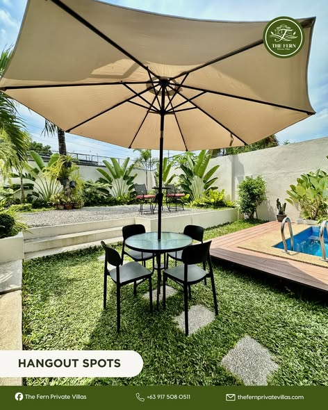 Outdoor seating area beside the pool